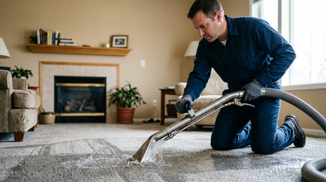 Water damage restoration technician working near Bushton, KS